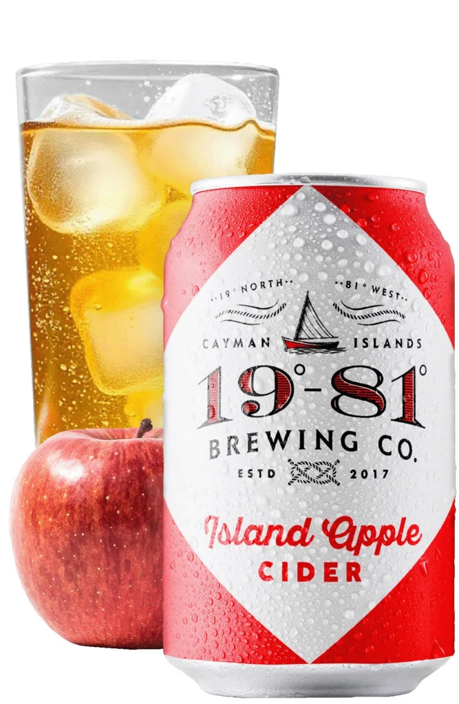 Refreshing 19-81 Island Apple Cider can, glass of cider, and an apple.