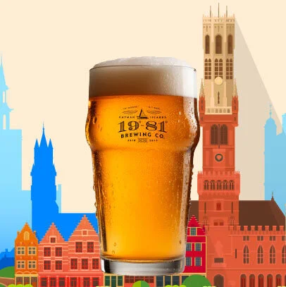 1981 Brewing Co. beer glass in front of a stylized European cityscape.