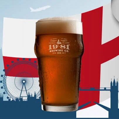 1981 Brewing Co. London Ale pint glass with British flag and London landmarks.