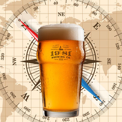 19°81° Brewing Co. Navigator Beer glass on nautical compass background.