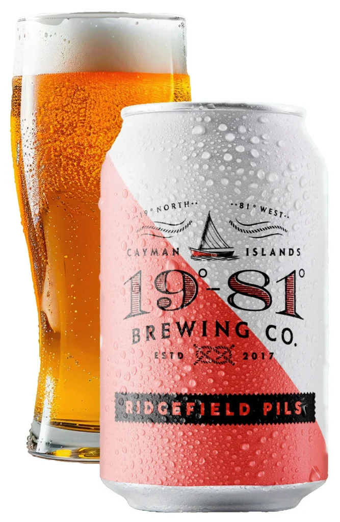 Cold 1981 Brewing Co. Ridgefield Pilsner can and glass of beer.