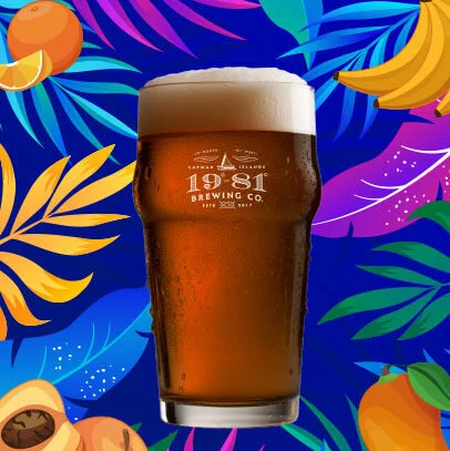1981 Brewing Co. tropical beer on vibrant fruit and leaf background.