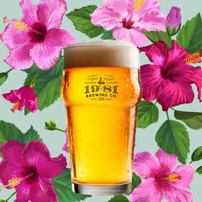 1981 Hibiscus Cider Tropical Beer in glass among hibiscus flowers.