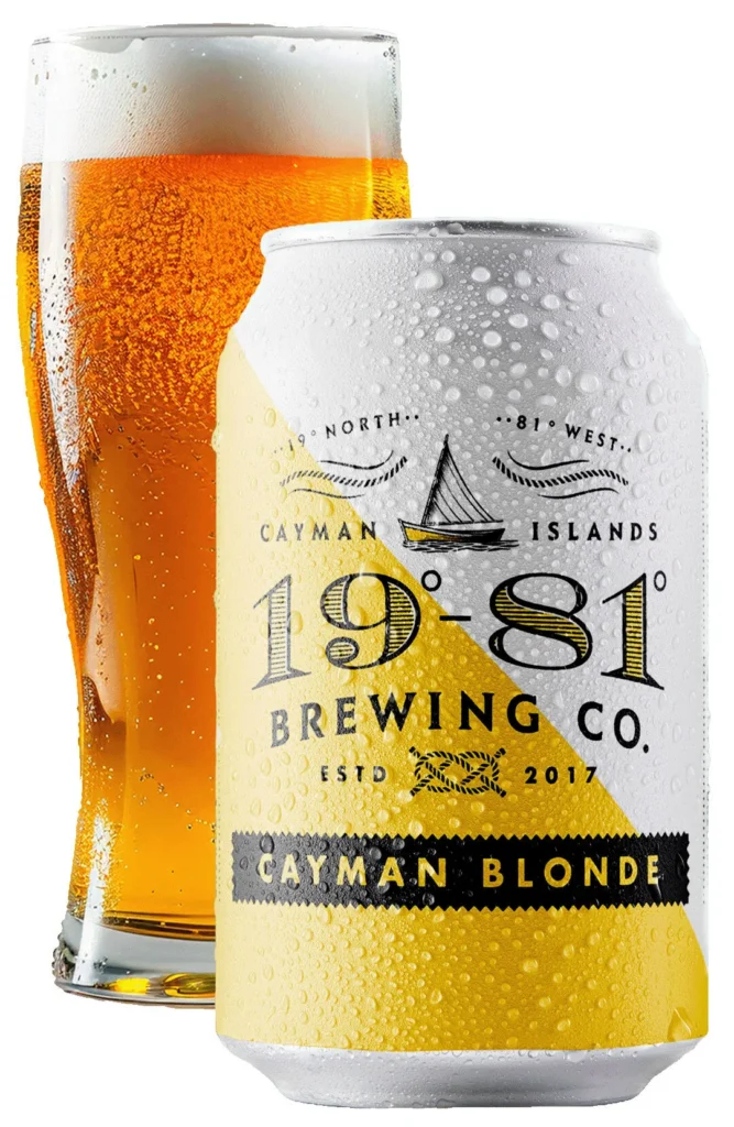 Cold Cayman Blonde Ale can & glass. Refreshing island brew.