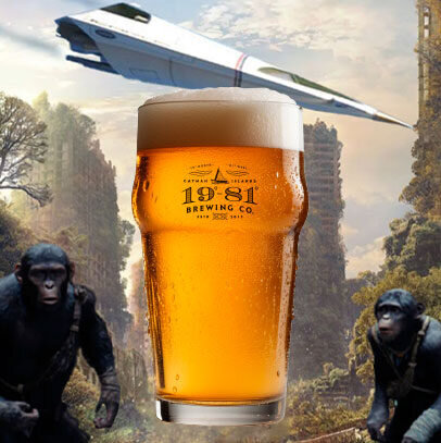 1981 Brewing Co. pint in post-apocalyptic jungle with spaceship & apes. Refreshment.