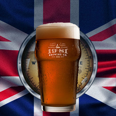 19-81 Brewing Co. Navigator Nitro beer against British flag and compass.