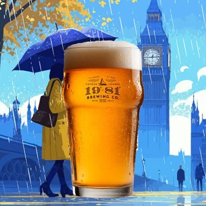 1981 Brewing Co. pint of beer in rainy London scene.