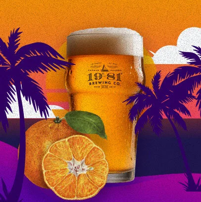 19-81 Brewing Co. Island Sunset Citrus Ale with fresh mandarin oranges and tropical sunset background.