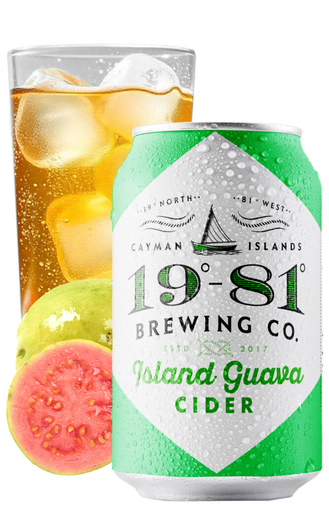 Chilled 19-81 Island Guava Cider can, glass of cider, and fresh guava.