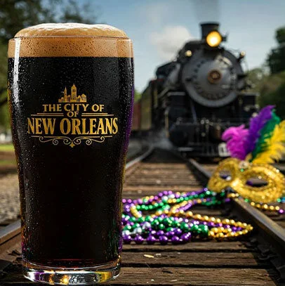 New Orleans dark beer, Mardi Gras beads, and steam train.